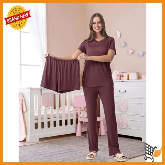 Maternity Nursing Pajama Set V-Neck Breastfeeding Sleepwear with Pockets